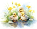 several cute ducklings and flowers.