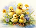 several cute ducklings and flowers.