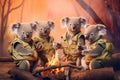 several cute happy koalas as Boy Scouts sit by the fire Royalty Free Stock Photo