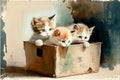 Several cute kittens are sitting in a box. AI generated.