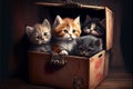 Several cute kittens are sitting in a box. AI generated.