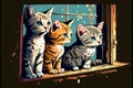 Several cute kittens are sitting on the windowsill. AI generated