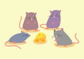 several cute mice of different colors stare at the cheese. flat cartoon. graphic vector set.