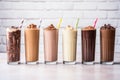 several different chocolate milkshake types aligned in a row