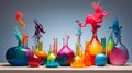 several different colored liquids are sitting in bottles and splatters