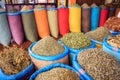 Several different colourful spices in Marrakesh, Morocco