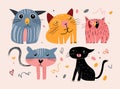 Several different funny cats in a childlike drawing