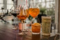 Several different smoothies in glasses of different shapes on the bar Royalty Free Stock Photo