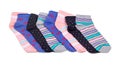 Several different women`s socks laid out in a row