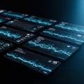 Several digital interfaces display data visualizations featuring blue line graphs and Royalty Free Stock Photo
