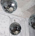 Several disco balls hanging under the ceiling - party decoration Royalty Free Stock Photo