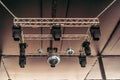 disco balls and strobe lights hang from the ceiling of the nightclub Royalty Free Stock Photo