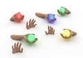 Several disembodied hands on a white background hold glowing spheres in different colors: red, Royalty Free Stock Photo