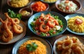 Several dishes of Peruvian food set on wooden table. Includes fried shrimp, ceviche salad with prawns and tomatoes, rice and Royalty Free Stock Photo