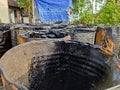 several drums that have been used for paving roads Royalty Free Stock Photo