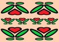 Several duplicated simple simplified outline symbol shape of vivid red flowers with green leaves light orange backdrop