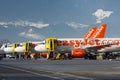 Several Easyjet jets on the apron in Innsbruck airport Royalty Free Stock Photo