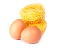 Several eggs and pasta on a white Royalty Free Stock Photo