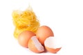 Several eggs and pasta on a white Royalty Free Stock Photo