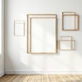Several empty simple wooden frames against a white wall , home, clean