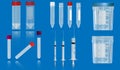 Several empty tubes for blood, vacuum container, syringes and Co