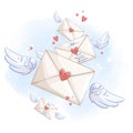 Several envelopes flying on wings in the blue sky. Royalty Free Stock Photo