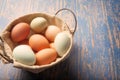 Fresh multicolored eggs in a basket