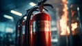 Several fire extinguishers on the background of an open fire. Generative AI. Royalty Free Stock Photo
