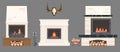 Several fireplaces and accessories to them. Stone and brick classical and modern fireplaces.