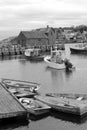 Black and white image of fishing and pleasure boats out on the water, Rockport, Mass, 2018