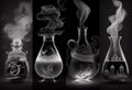 Several flasks emit smoke in black and white. AI Generated