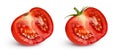 Several fresh cut tomatoes with stem isolated on a white background. Several summer vegetables for packaging design of juice,