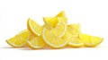 Vivid lemon slices on solid white background. AI image Royalty Free Stock Photo