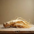 Several fresh raw ginseng roots with thin tendrils lie on rough wooden table. Light beige wall forms background for display of Royalty Free Stock Photo