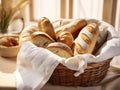 Several fresh rolls in a basket in the bakery. Royalty Free Stock Photo