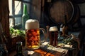 Several glasses of beer are on the wooden windowsill near the window