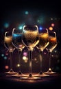 Several glasses of champagne stand on the table against the backdrop of bright highlights and lights. AI Generated