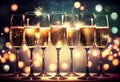 Several glasses of champagne stand on the table against the backdrop of bright highlights and lights. AI Generated