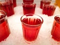 Several glasses of red juice put on ice