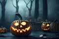 Several glowing jack-o-lantern pumpkins and a dark, spooky, gloomy, misty forest background, a Halloween image