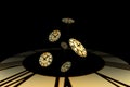 Several golden clockfaces falls out of a timewell.