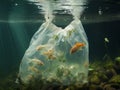 Several goldfish in a plastic bag on the bottom of the polluted ocean or sea
