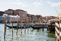 Several gondolas moored in Venice