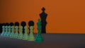 Several green Chess Pawns lined up with the Chess King at the forefront, the concept of leadership in an organization