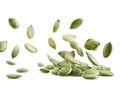 several green pumpkin seeds falling against a white background, creating a dynamic and visually appealing image perfect for food Royalty Free Stock Photo