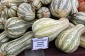 Several green striped Cushaw squash marked with sign at local market. Royalty Free Stock Photo