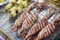 Several grilled squid on the tray at the market for sell