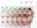 Several hands with different opacity marking the days of a week