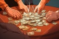 Several hands taking money from a table. Generative AI