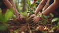 several hands working together to plant a young tree in the soil Global Warming